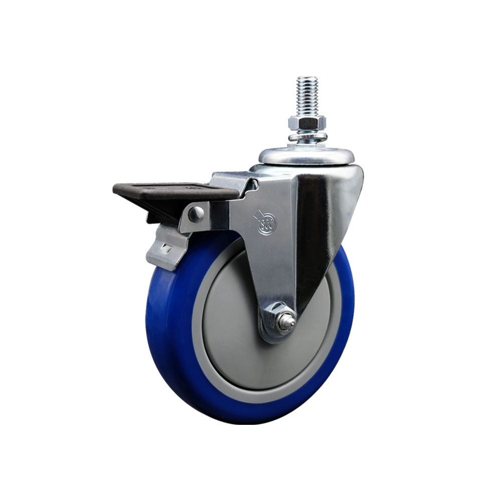 Polyurethane Swivel Threaded Stem Caster w/5" x 1.25" Blue Wheel and 10MM Stem & Posi Locking Brake - 350 lbs Capacity/Caster - Service Caster Brand — photo 1