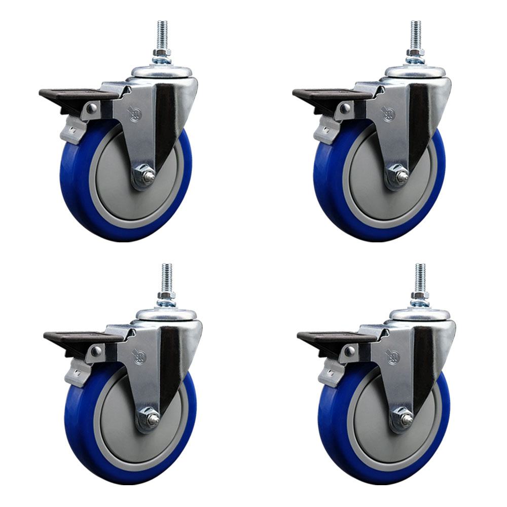 Polyurethane Swivel Threaded Stem Caster Set of 4 w/5" x 1.25" Blue Wheels and 12MM Stems - Includes 4 with Posi Lock Brakes - 1,400 lbs Total Capacity - Service Caster Brand — photo 1