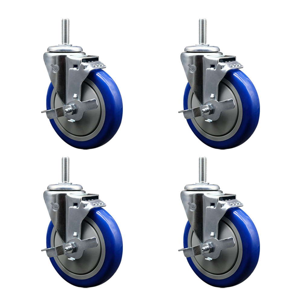 Polyurethane Swivel Threaded Stem Caster Set of 4 w/5" x 1.25" Blue Wheels and 5/8" Stems - Includes 4 with Top Lock Brakes - 1400 lbs Total Capacity - Service Caster Brand — photo 1