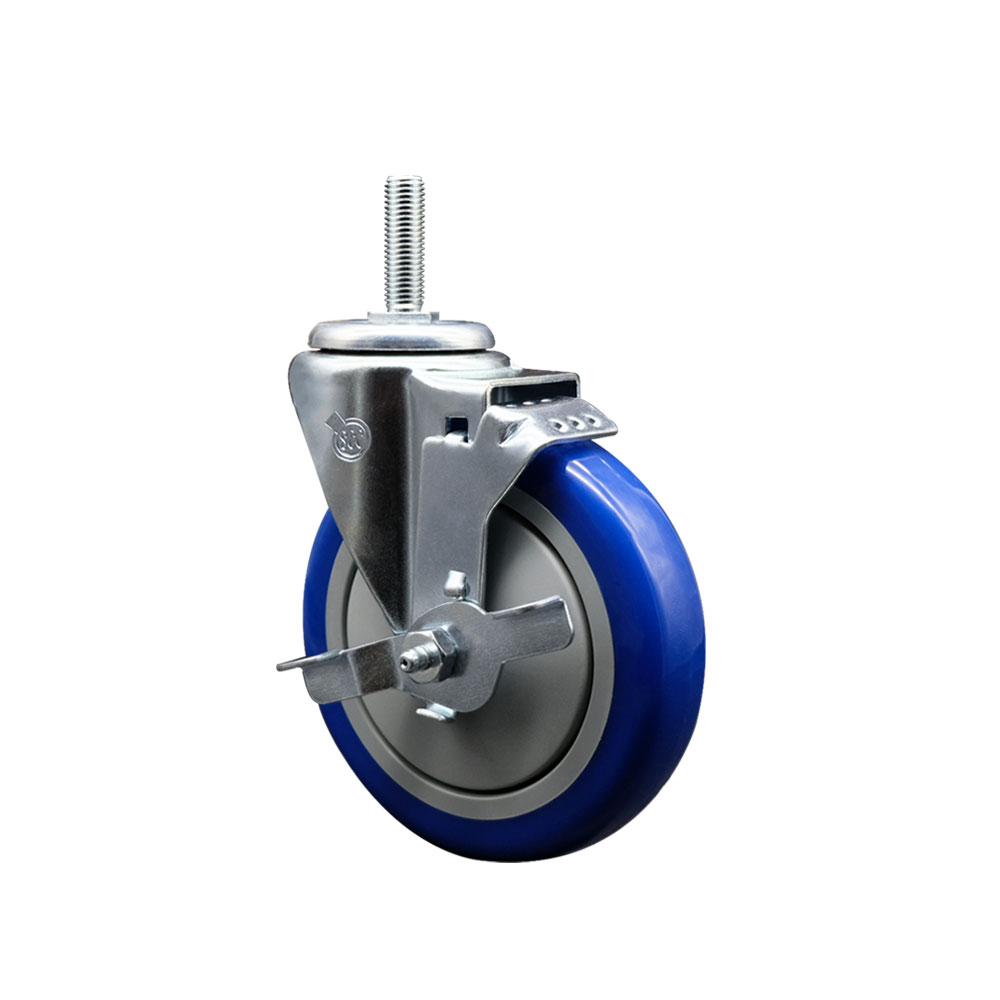 Polyurethane Swivel Threaded Stem Caster w/5" x 1.25" Blue Wheel and 5/8" Stem & Top Locking Brake - 350 lbs Capacity/Caster - Service Caster Brand — photo 1