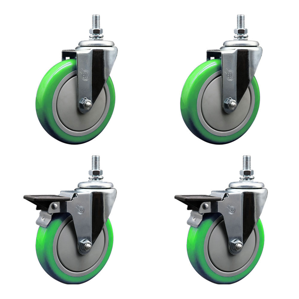 Polyurethane Swivel Threaded Stem Caster Set of 4 w/5" x 1.25" Green Wheels and 1/2" Stems - Includes 2 with Posi Locking Brake - 1400 lbs Total Capacity - Service Caster Brand — photo 1