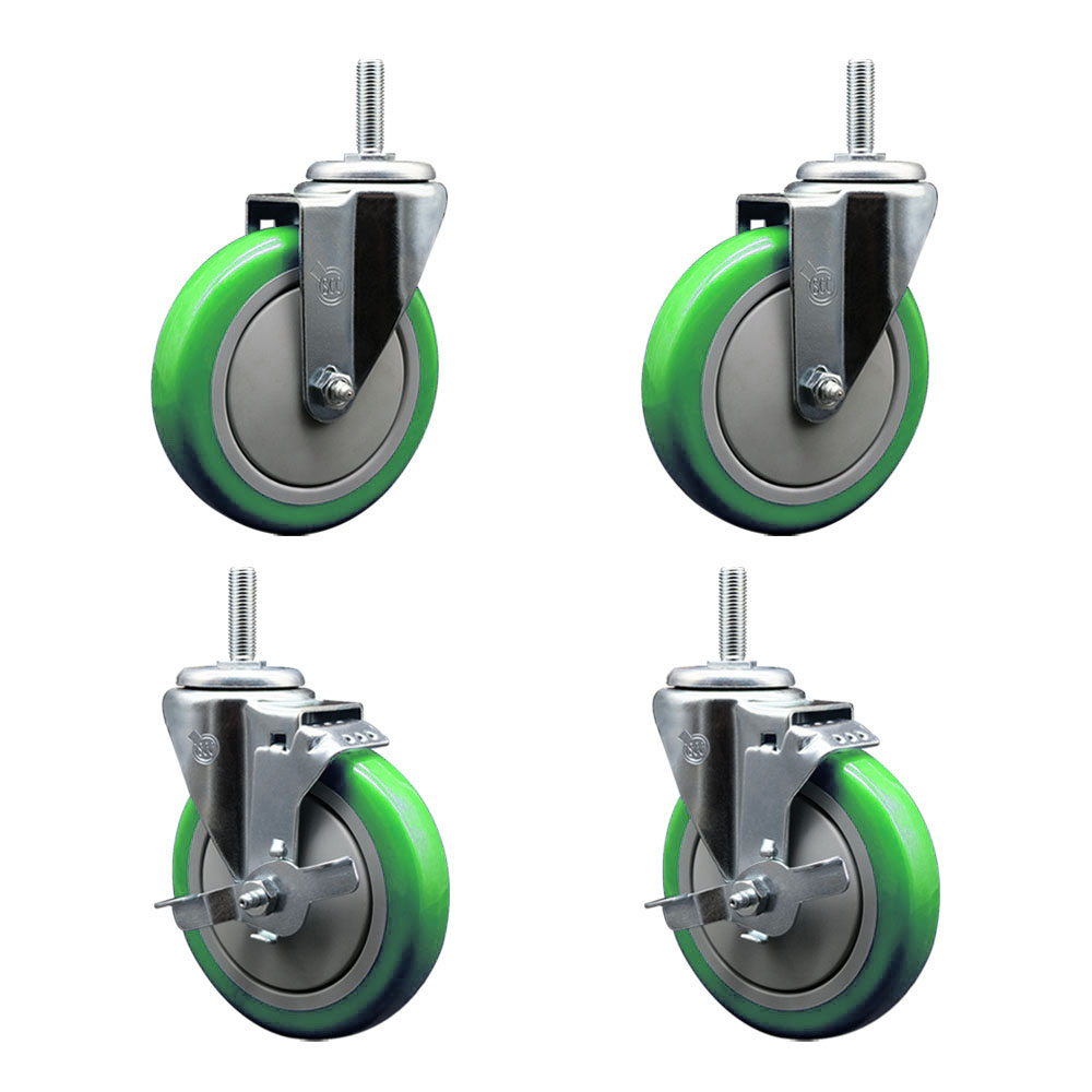 Polyurethane Swivel Threaded Stem Caster Set of 4 w/5" x 1.25" Green Wheels and 3/4" Stems - Includes 2 with Top Locking Brake - 1400 lbs Total Capacity - Service Caster Brand — photo 1