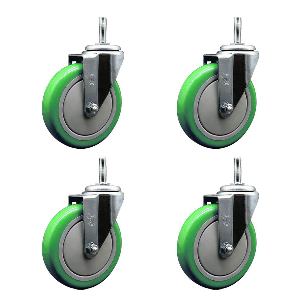 Polyurethane Swivel Threaded Stem Caster Set of 4 w/5" x 1.25" Green Wheels and 3/4" Stems - Includes 4 Swivel - 1400 lbs Total Capacity - Service Caster Brand — photo 1