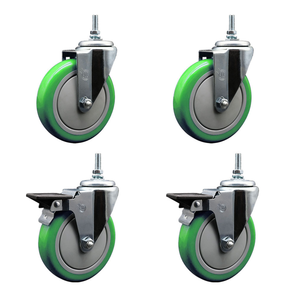Polyurethane Swivel Threaded Stem Caster Set of 4 w/5" x 1.25" Green Wheels and 3/8" Stems - Includes 2 with Posi Locking Brake - 1400 lbs Total Capacity - Service Caster Brand — photo 1