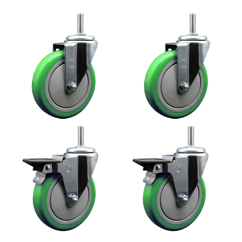 Polyurethane Swivel Threaded Stem Caster Set of 4 w/5" x 1.25" Green Wheels and 5/8" Stems - Includes 2 with Posi Locking Brake - 1400 lbs Total Capacity - Service Caster Brand — photo 1
