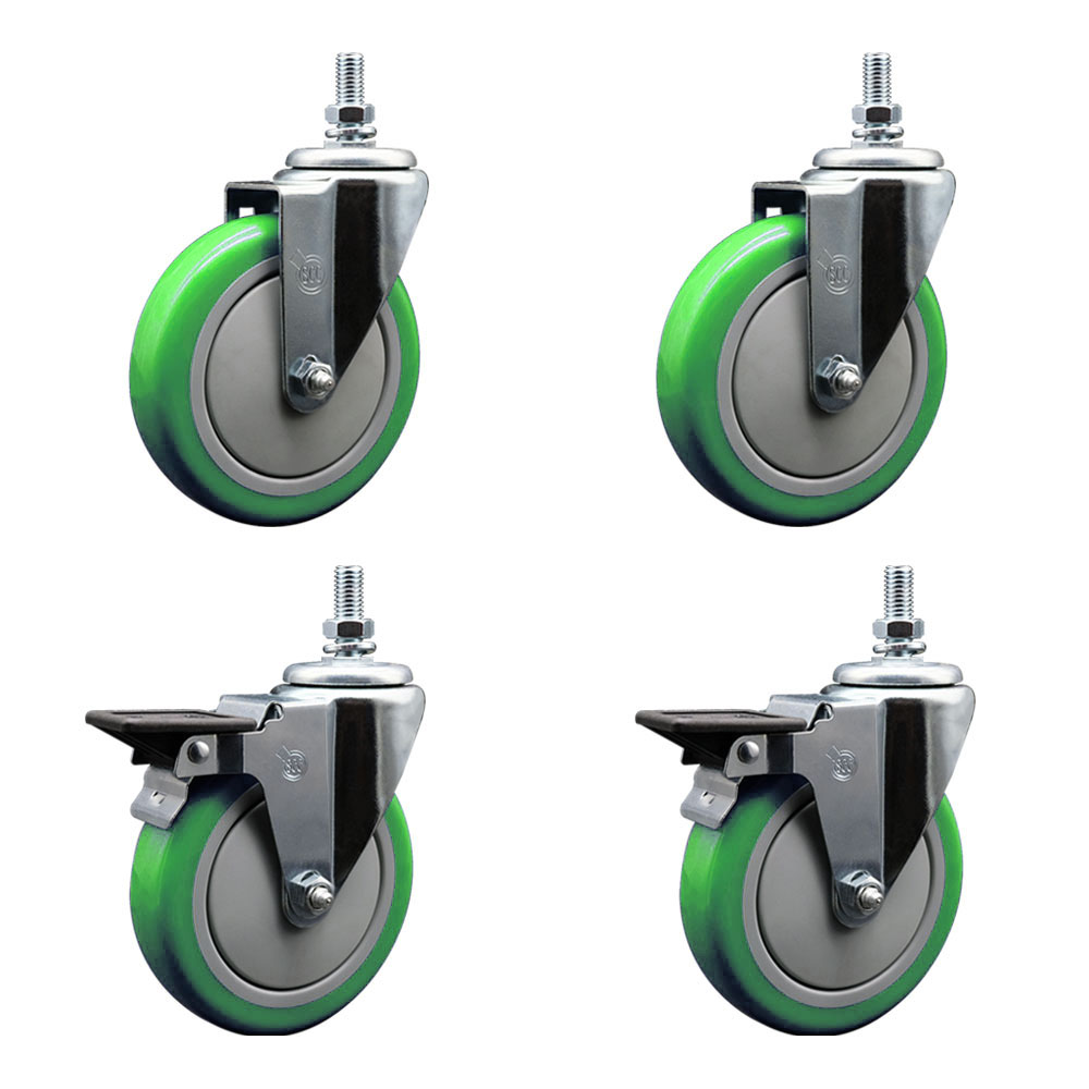Polyurethane Swivel Threaded Stem Caster Set of 4 w/5" x 1.25" Green Wheels and 10MM Stems - Includes 2 with Posi Locking Brake - 1400 lbs Total Capacity - Service Caster Brand — photo 1