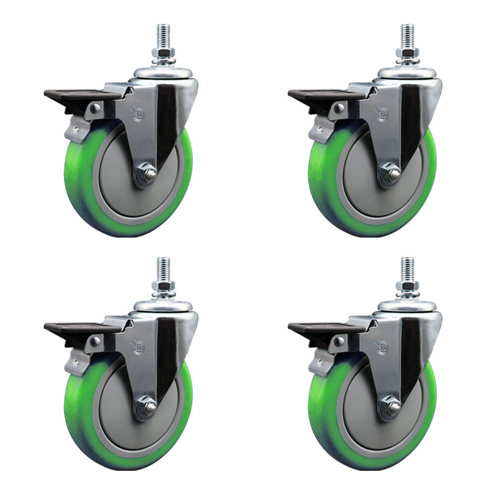 Polyurethane Swivel Threaded Stem Caster Set of 4 w/5" x 1.25" Green Wheels and 1/2" Stems - Includes 4 with Posi Lock Brakes - 1400 lbs Total Capacity - Service Caster Brand — photo 1