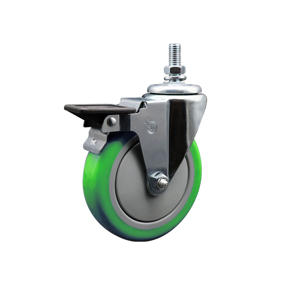 Polyurethane Swivel Threaded Stem Caster w/5" x 1.25" Green Wheel and 1/2" Stem & Posi Locking Brake - 350 lbs Capacity/Caster - Service Caster Brand — photo 1