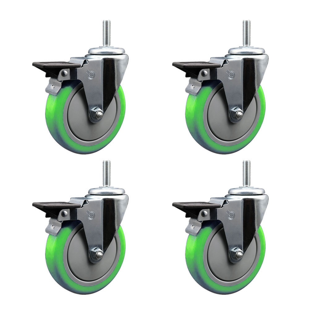 Polyurethane Swivel Threaded Stem Caster Set of 4 w/5" x 1.25" Green Wheels and 3/4" Stems - Includes 4 with Posi Lock Brakes - 1400 lbs Total Capacity - Service Caster Brand — photo 1