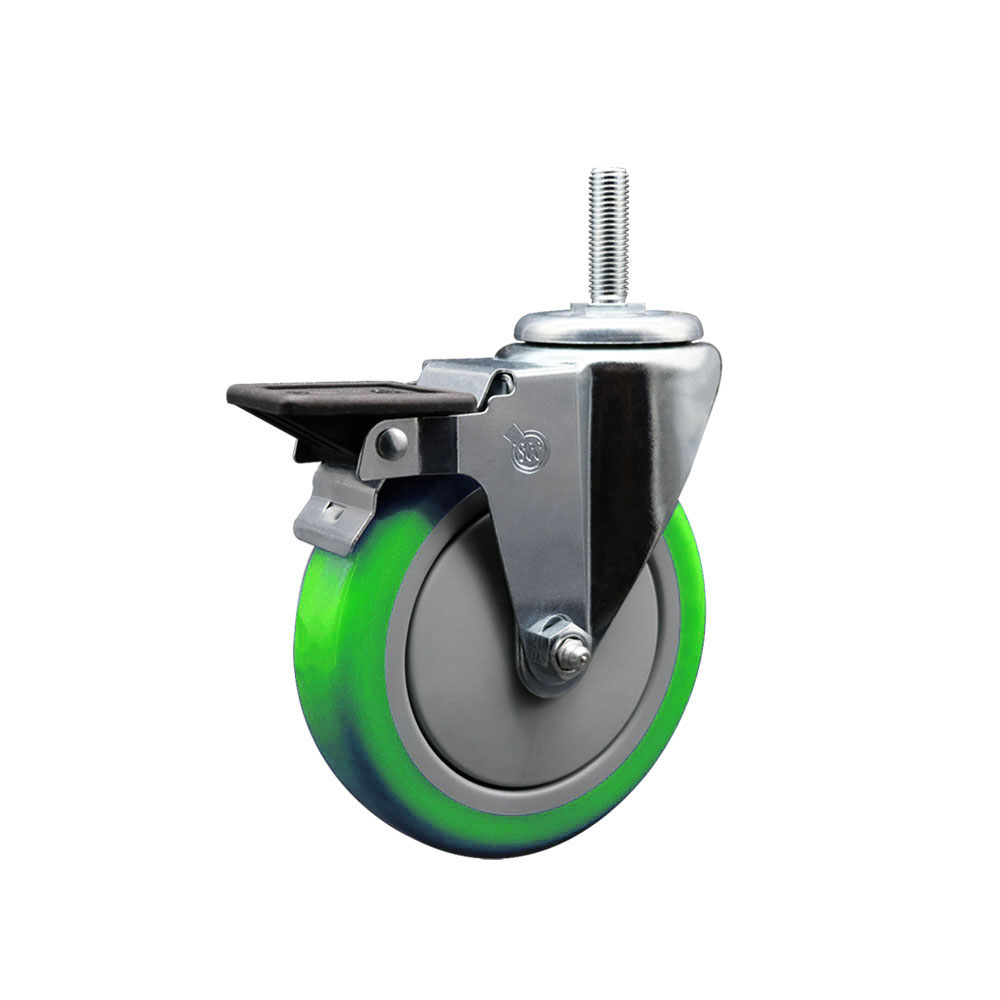 Polyurethane Swivel Threaded Stem Caster w/5" x 1.25" Green Wheel and 3/4" Stem & Posi Locking Brake - 350 lbs Capacity/Caster - Service Caster Brand — photo 1