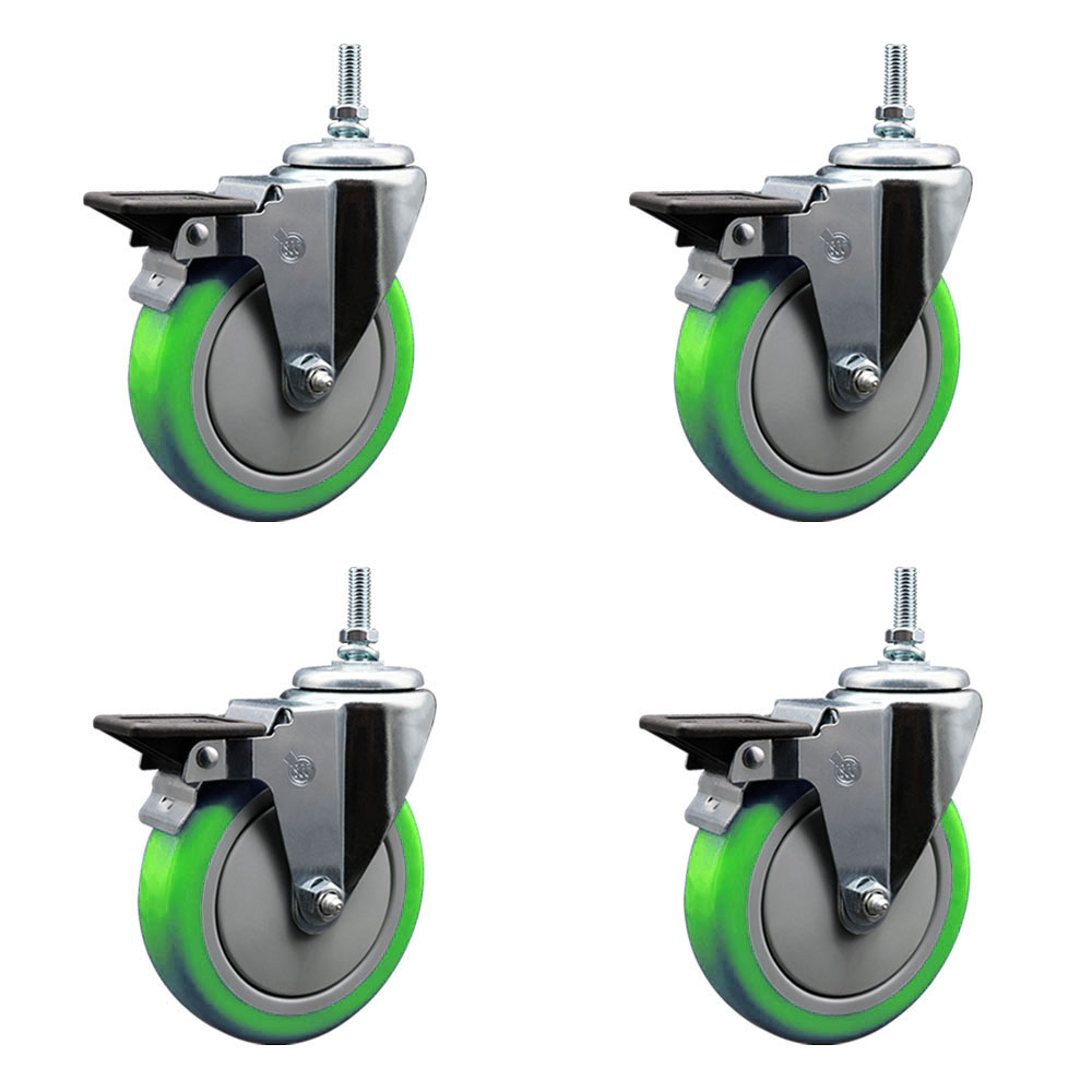 Polyurethane Swivel Threaded Stem Caster Set of 4 w/5" x 1.25" Green Wheels and 3/8" Stems - Includes 4 with Posi Lock Brakes - 1400 lbs Total Capacity - Service Caster Brand — photo 1