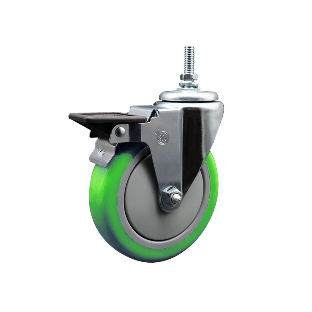 Polyurethane Swivel Threaded Stem Caster w/5" x 1.25" Green Wheel and 3/8" Stem & Posi Locking Brake - 350 lbs Capacity/Caster - Service Caster Brand — photo 1