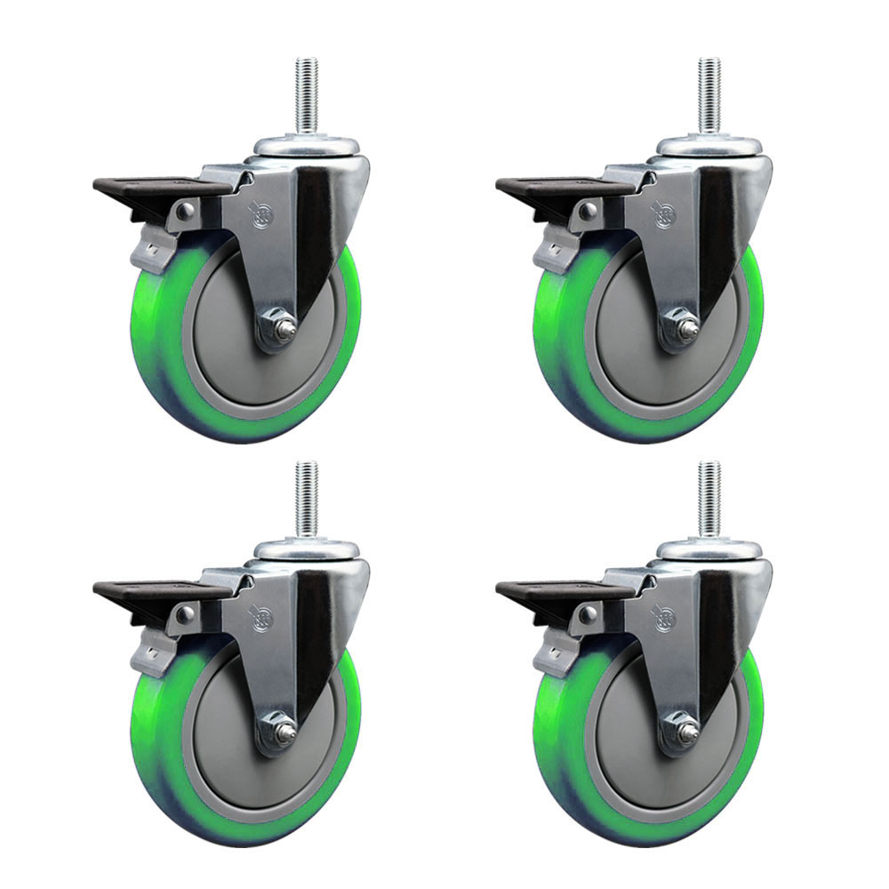 Polyurethane Swivel Threaded Stem Caster Set of 4 w/5" x 1.25" Green Wheels and 5/8" Stems - Includes 4 with Posi Lock Brakes - 1400 lbs Total Capacity - Service Caster Brand — photo 1