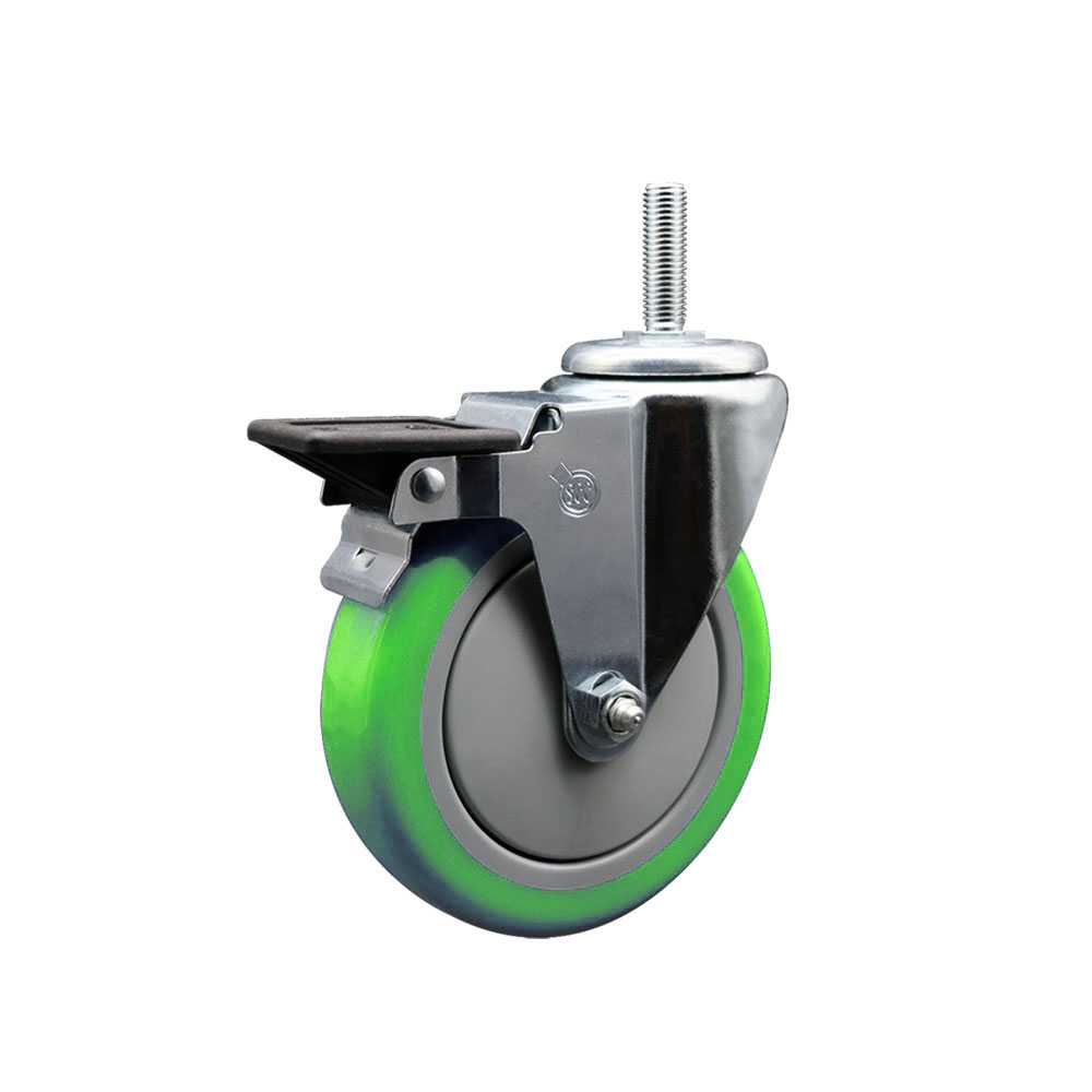 Polyurethane Swivel Threaded Stem Caster w/5" x 1.25" Green Wheel and 5/8" Stem & Posi Locking Brake - 350 lbs Capacity/Caster - Service Caster Brand — photo 1