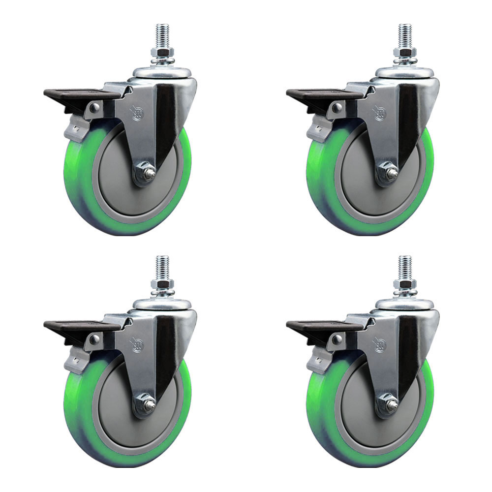 Polyurethane Swivel Threaded Stem Caster Set of 4 w/5" x 1.25" Green Wheels and 10MM Stems - Includes 4 with Posi Lock Brakes - 1400 lbs Total Capacity - Service Caster Brand — photo 1