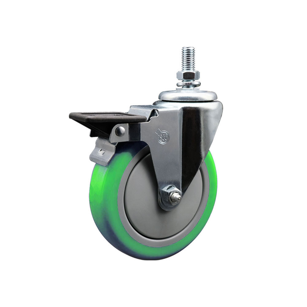 Polyurethane Swivel Threaded Stem Caster w/5" x 1.25" Green Wheel and 10MM Stem & Posi Locking Brake - 350 lbs Capacity/Caster - Service Caster Brand — photo 1