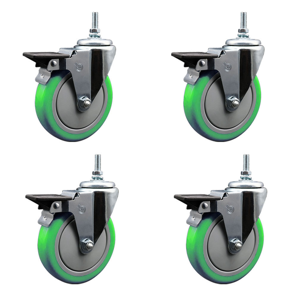 Polyurethane Swivel Threaded Stem Caster Set of 4 w/5" x 1.25" Green Wheels and 12MM Stems - Includes 4 with Posi Lock Brakes - 1400 lbs Total Capacity - Service Caster Brand — photo 1