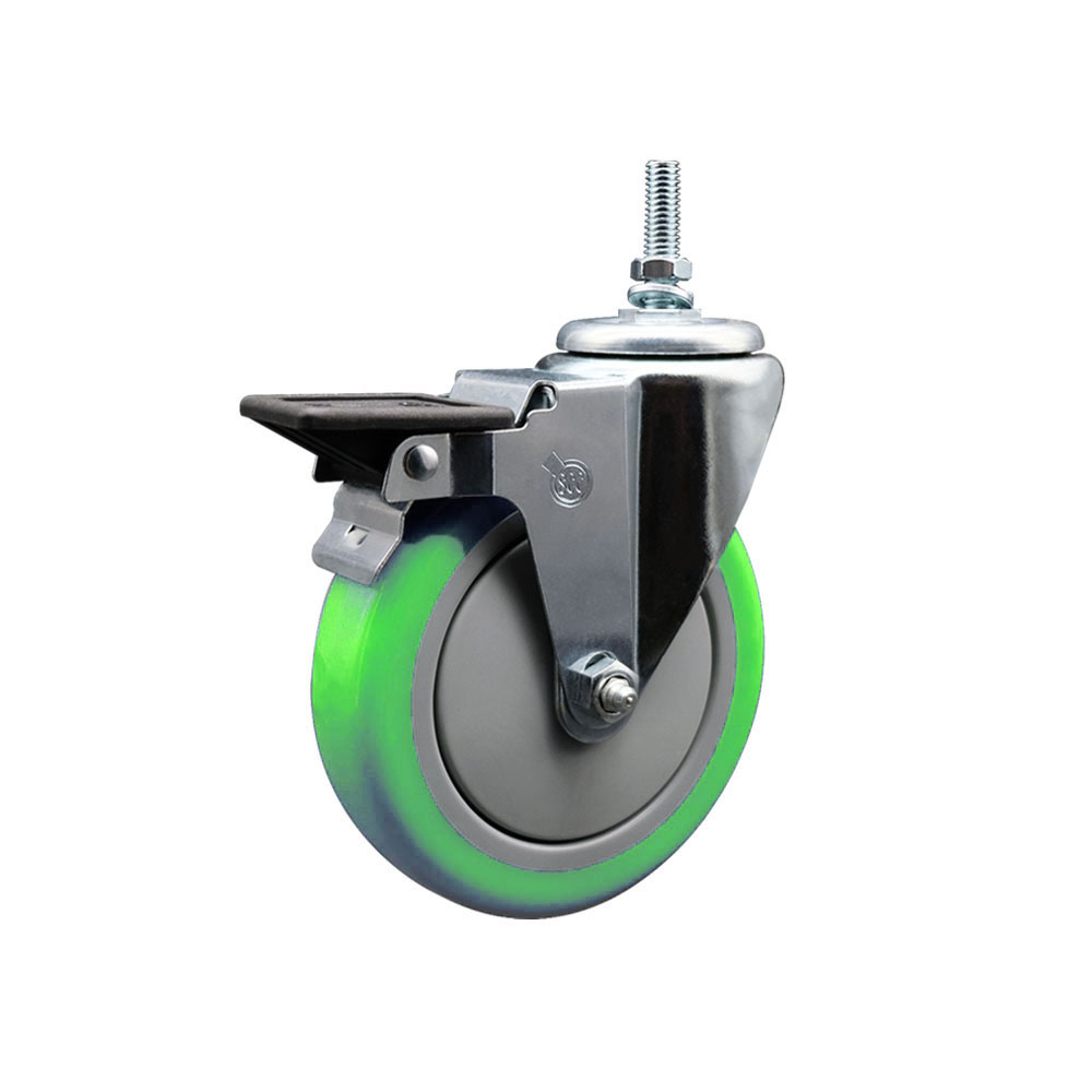 Polyurethane Swivel Threaded Stem Caster w/5" x 1.25" Green Wheel and 12MM Stem & Posi Locking Brake - 350 lbs Capacity/Caster - Service Caster Brand — photo 1