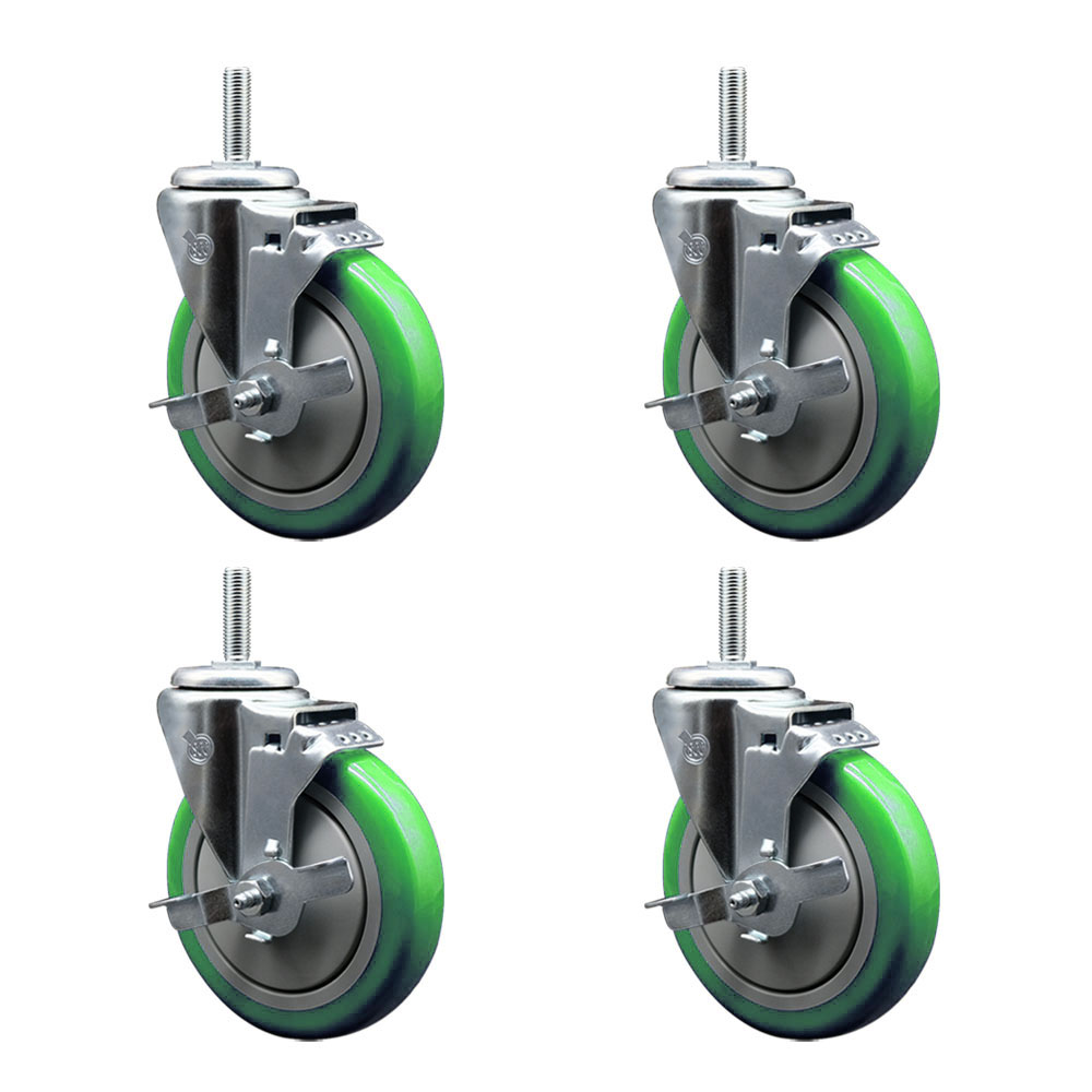 Polyurethane Swivel Threaded Stem Caster Set of 4 w/5" x 1.25" Green Wheels and 3/4" Stems - Includes 4 with Top Lock Brakes - 1400 lbs Total Capacity - Service Caster Brand — photo 1