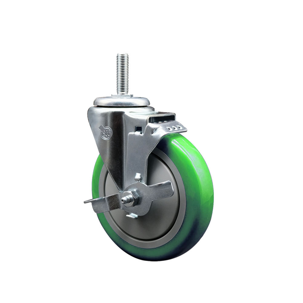 Polyurethane Swivel Threaded Stem Caster w/5" x 1.25" Green Wheel and 3/4" Stem & Top Locking Brake - 350 lbs Capacity/Caster - Service Caster Brand — photo 1
