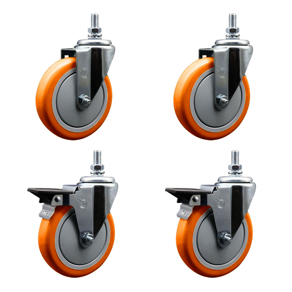 Polyurethane Swivel Threaded Stem Caster Set of 4 w/5" x 1.25" Orange Wheels and 10MM Stems - Includes 2 with Posi Locking Brake - 1400 lbs Total Capacity - Service Caster Brand — photo 1