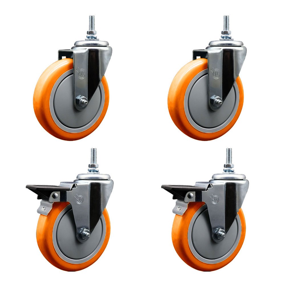 Polyurethane Swivel Threaded Stem Caster Set of 4 w/5" x 1.25" Orange Wheels and 12MM Stems - Includes 2 with Posi Locking Brake - 1400 lbs Total Capacity - Service Caster Brand — photo 1