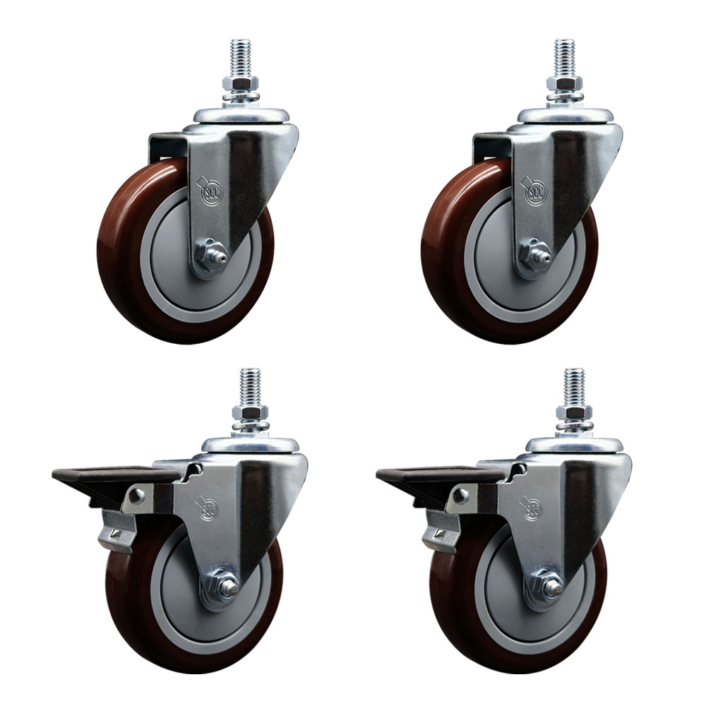Polyurethane Swivel Threaded Stem Caster Set of 4 w/5" x 1.25" Maroon Wheels and 1/2" Stems - Includes 2 with Posi Locking Brake - 1400 lbs Total Capacity - Service Caster Brand — photo 1