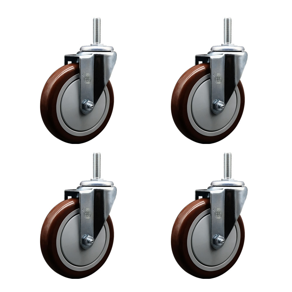 Polyurethane Swivel Threaded Stem Caster Set of 4 w/5" x 1.25" Maroon Wheels and 3/4" Stems - Includes 4 Swivel - 1400 lbs Total Capacity - Service Caster Brand — photo 1