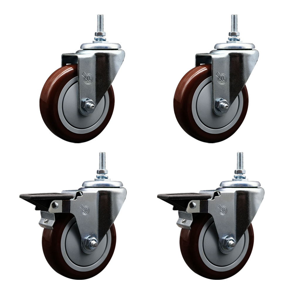 Polyurethane Swivel Threaded Stem Caster Set of 4 w/5" x 1.25" Maroon Wheels and 3/8" Stems - Includes 2 with Posi Locking Brake - 1400 lbs Total Capacity - Service Caster Brand — photo 1