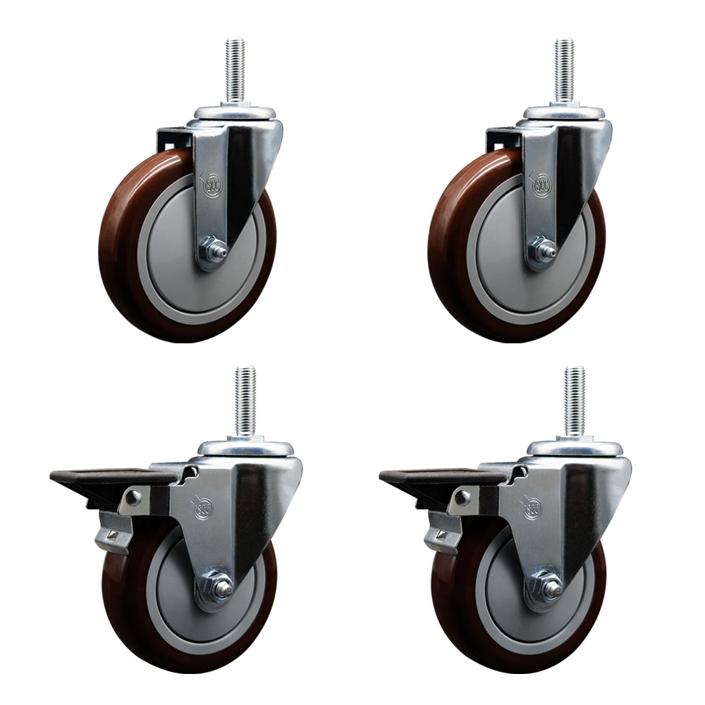 Polyurethane Swivel Threaded Stem Caster Set of 4 w/5" x 1.25" Maroon Wheels and 5/8" Stems - Includes 2 with Posi Locking Brake - 1400 lbs Total Capacity - Service Caster Brand — photo 1