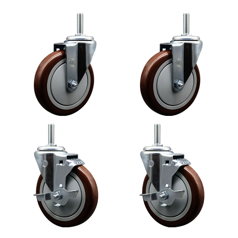 Polyurethane Swivel Threaded Stem Caster Set of 4 w/5" x 1.25" Maroon Wheels and 5/8" Stems - Includes 2 with Top Locking Brake - 1400 lbs Total Capacity - Service Caster Brand — photo 1