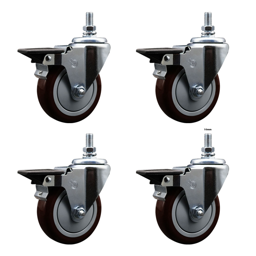 Polyurethane Swivel Threaded Stem Caster Set of 4 w/5" x 1.25" Maroon Wheels and 1/2" Stems - Includes 4 with Posi Lock Brakes - 1400 lbs Total Capacity - Service Caster Brand — photo 1