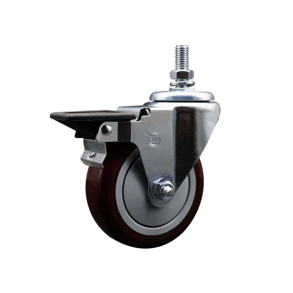 Polyurethane Swivel Threaded Stem Caster w/5" x 1.25" Maroon Wheel and 1/2" Stem & Posi Locking Brake - 350 lbs Capacity/Caster - Service Caster Brand — photo 1