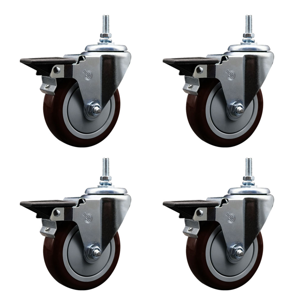 Polyurethane Swivel Threaded Stem Caster Set of 4 w/5" x 1.25" Maroon Wheels and 3/8" Stems - Includes 4 with Posi Lock Brakes - 1400 lbs Total Capacity - Service Caster Brand — photo 1