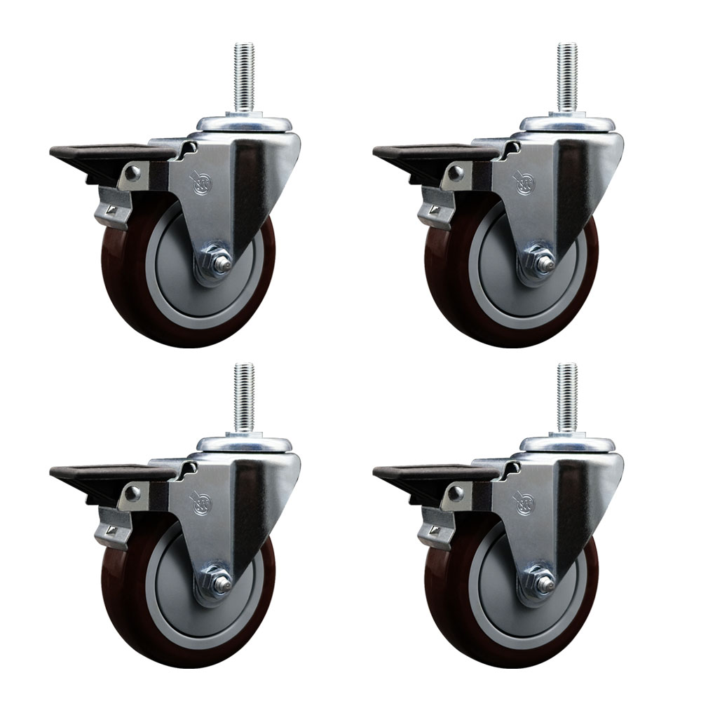 Polyurethane Swivel Threaded Stem Caster Set of 4 w/5" x 1.25" Maroon Wheels and 5/8" Stems - Includes 4 with Posi Lock Brakes - 1400 lbs Total Capacity - Service Caster Brand — photo 1