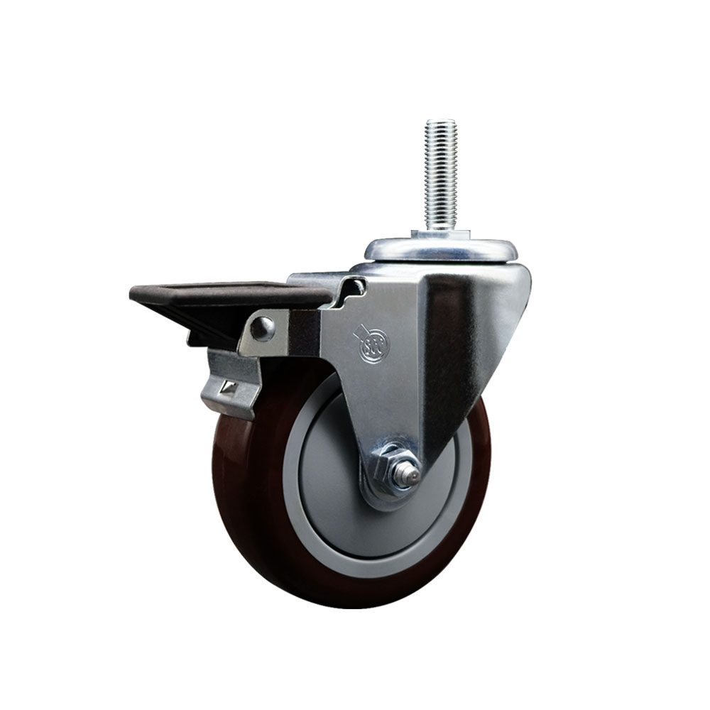 Polyurethane Swivel Threaded Stem Caster w/5" x 1.25" Maroon Wheel and 5/8" Stem & Posi Locking Brake - 350 lbs Capacity/Caster - Service Caster Brand — photo 1