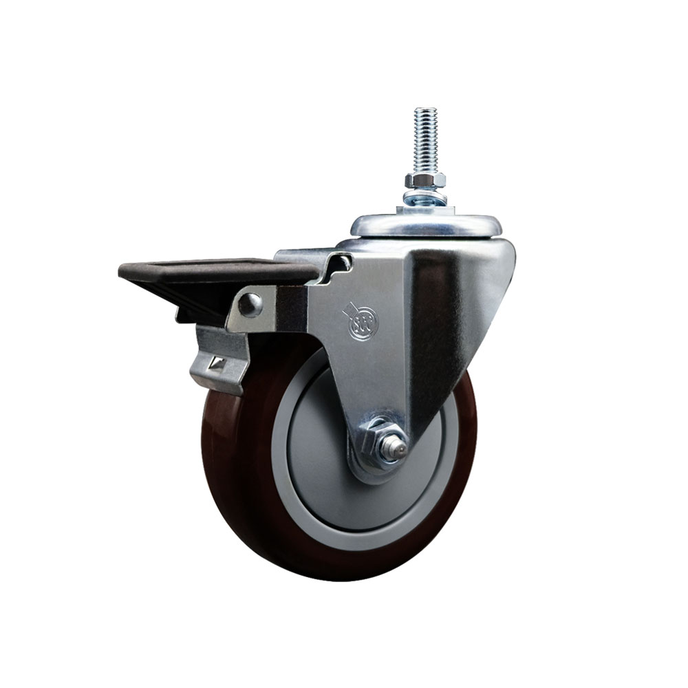 Polyurethane Swivel Threaded Stem Caster w/5" x 1.25" Maroon Wheel and 12MM Stem & Posi Locking Brake - 350 lbs Capacity/Caster - Service Caster Brand — photo 1