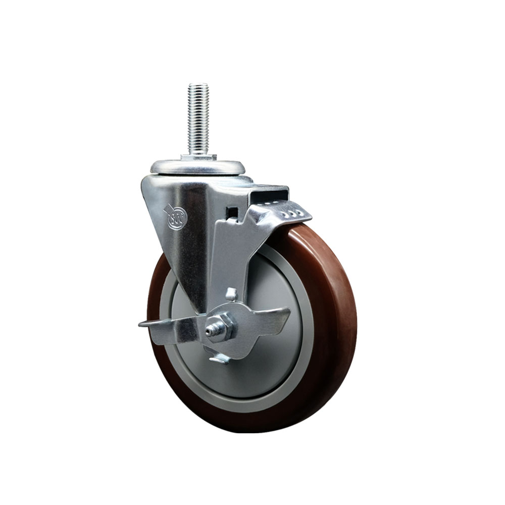 Polyurethane Swivel Threaded Stem Caster w/5" x 1.25" Maroon Wheel and 3/4" Stem & Top Locking Brake - 350 lbs Capacity/Caster - Service Caster Brand — photo 1