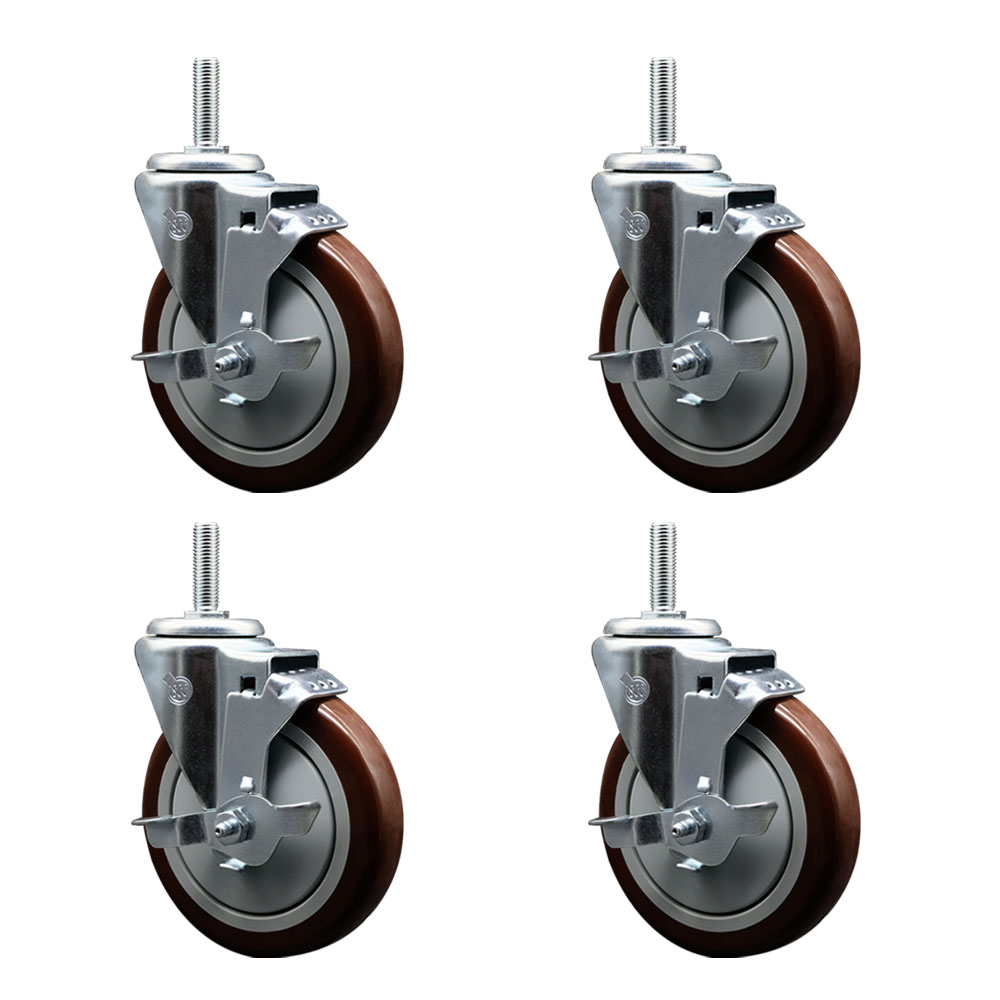 Polyurethane Swivel Threaded Stem Caster Set of 4 w/5" x 1.25" Maroon Wheels and 5/8" Stems - Includes 4 with Top Lock Brakes - 1400 lbs Total Capacity - Service Caster Brand — photo 1