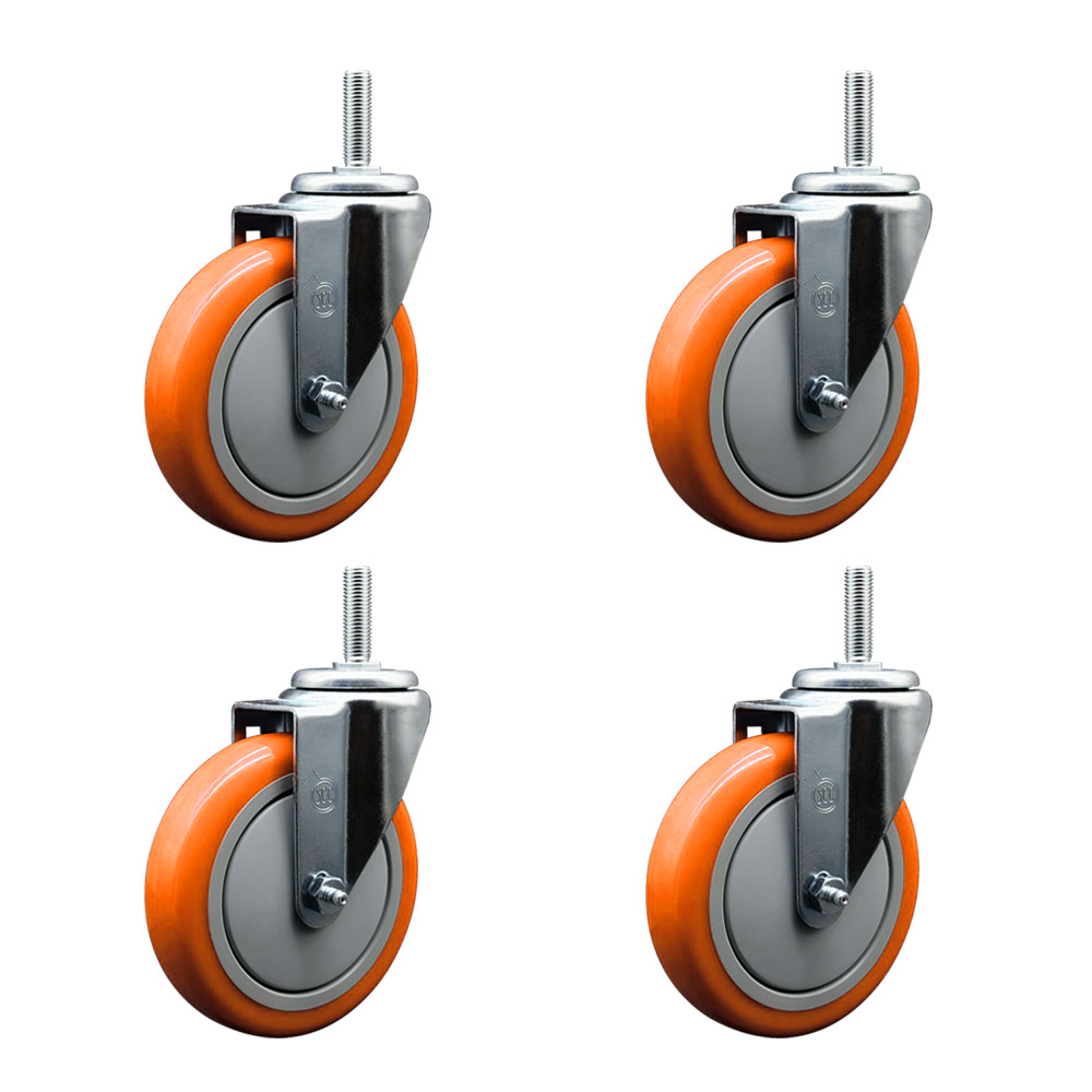 Polyurethane Swivel Threaded Stem Caster Set of 4 w/5" x 1.25" Orange Wheels and 3/4" Stems - Includes 4 Swivel - 1400 lbs Total Capacity - Service Caster Brand — photo 1