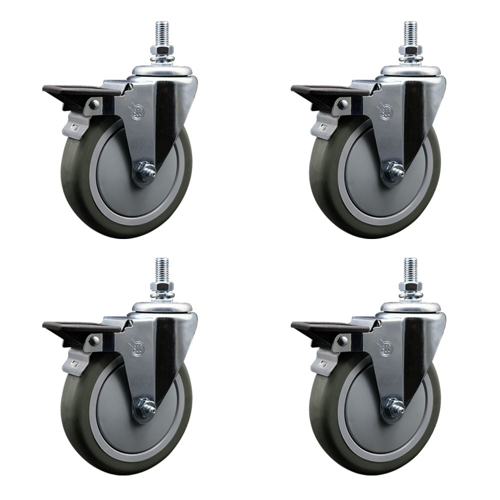 Polyurethane Swivel Threaded Stem Caster Set of 4 w/5" x 1.25" Gray Wheels and 1/2" Stems - Includes 4 with Posi Lock Brakes - 1400 lbs Total Capacity - Service Caster Brand — photo 1
