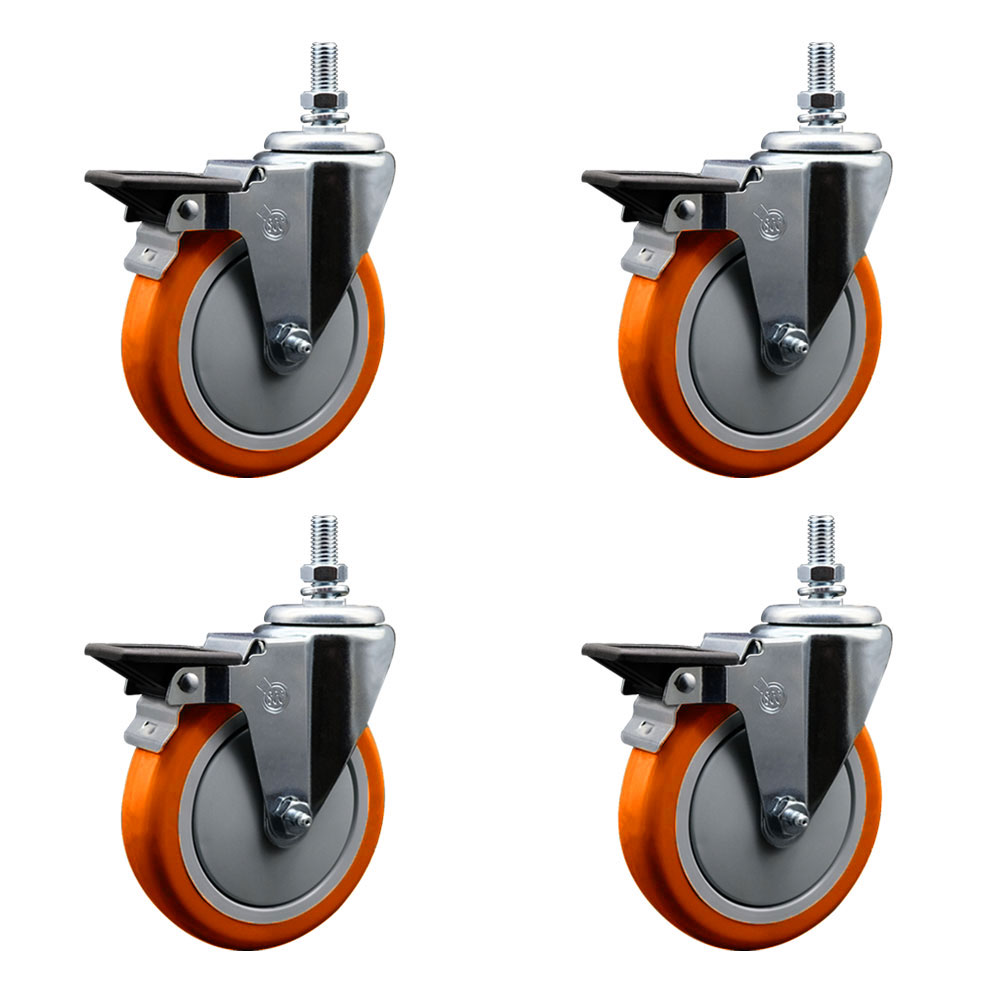 Polyurethane Swivel Threaded Stem Caster Set of 4 w/5" x 1.25" Orange Wheels and 1/2" Stems - Includes 4 with Posi Lock Brakes - 1400 lbs Total Capacity - Service Caster Brand — photo 1