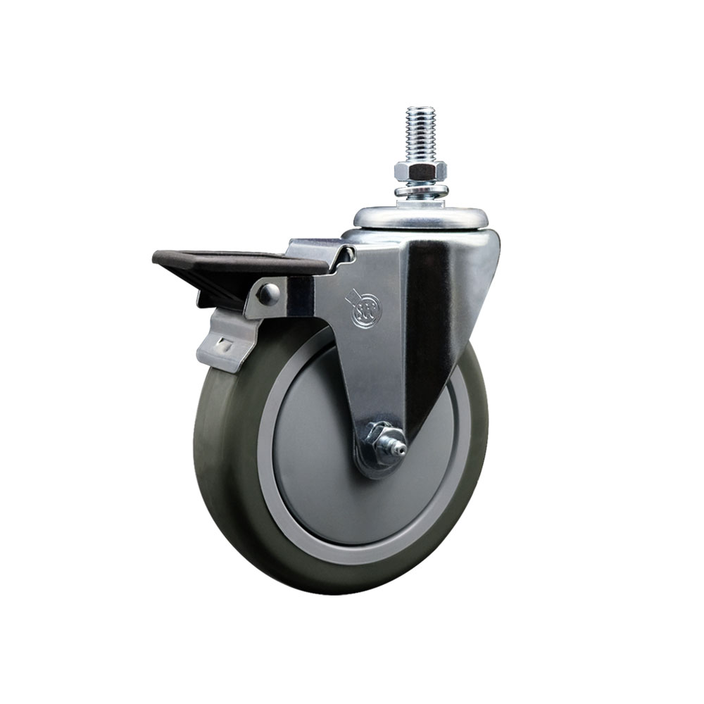 Polyurethane Swivel Threaded Stem Caster w/5" x 1.25" gray Wheel and 1/2" Stem & Posi Locking Brake - 350 lbs Capacity/Caster - Service Caster Brand — photo 1