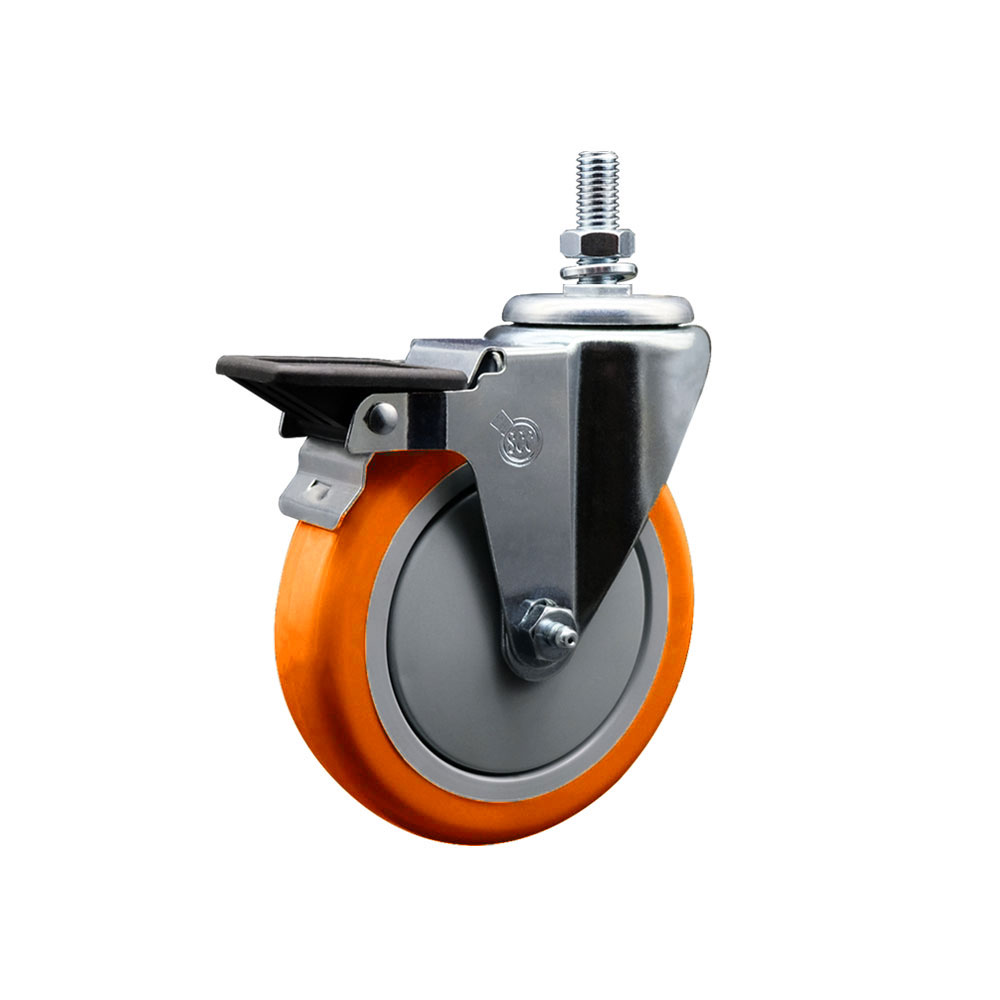 Polyurethane Swivel Threaded Stem Caster w/5" x 1.25" Orange Wheel and 1/2" Stem & Posi Locking Brake - 350 lbs Capacity/Caster - Service Caster Brand — photo 1