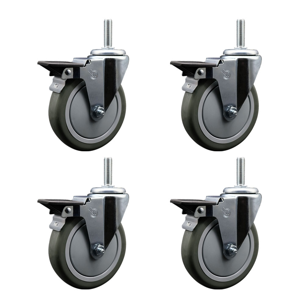 Polyurethane Swivel Threaded Stem Caster Set of 4 w/5" x 1.25" Gray Wheels and 3/4" Stems - Includes 4 with Posi Lock Brakes - 1400 lbs Total Capacity - Service Caster Brand — photo 1