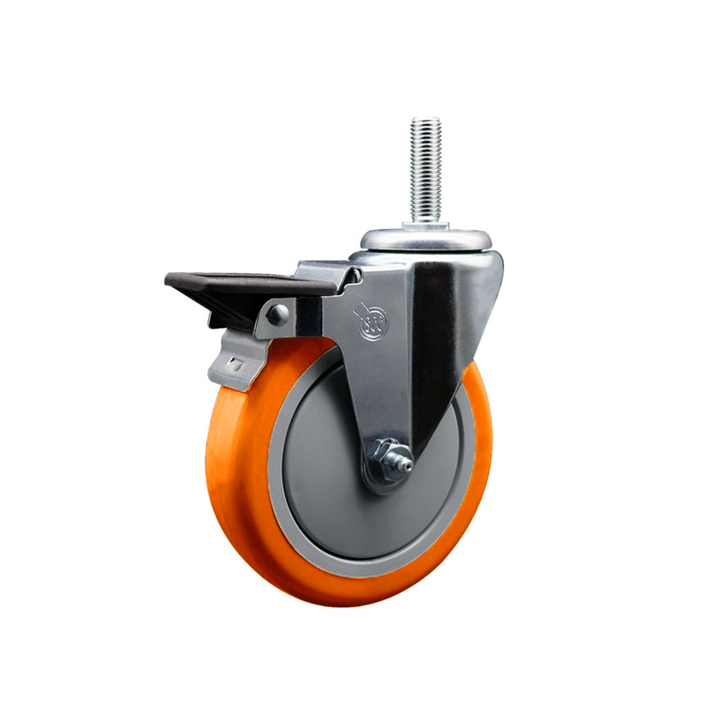Polyurethane Swivel Threaded Stem Caster w/5" x 1.25" Orange Wheel and 3/4" Stem & Posi Locking Brake - 350 lbs Capacity/Caster - Service Caster Brand — photo 1