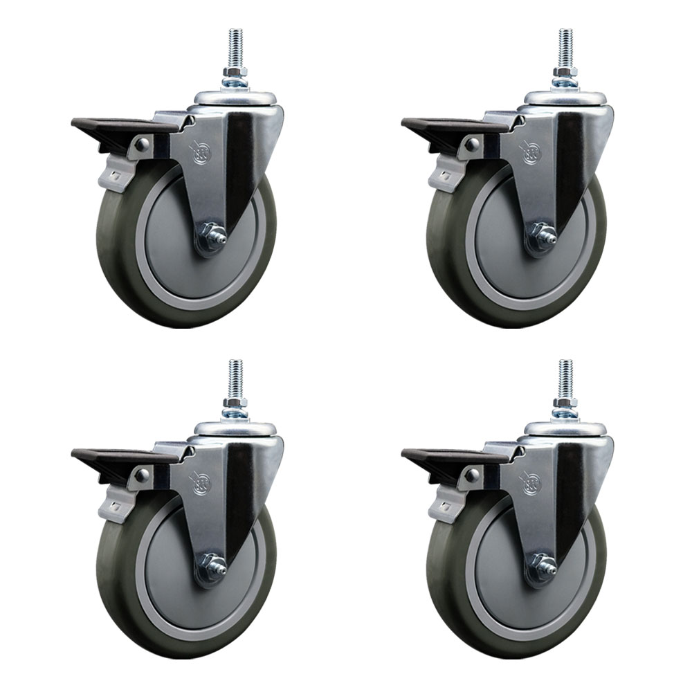 Polyurethane Swivel Threaded Stem Caster Set of 4 w/5" x 1.25" Gray Wheels and 3/8" Stems - Includes 4 with Posi Lock Brakes - 1400 lbs Total Capacity - Service Caster Brand — photo 1