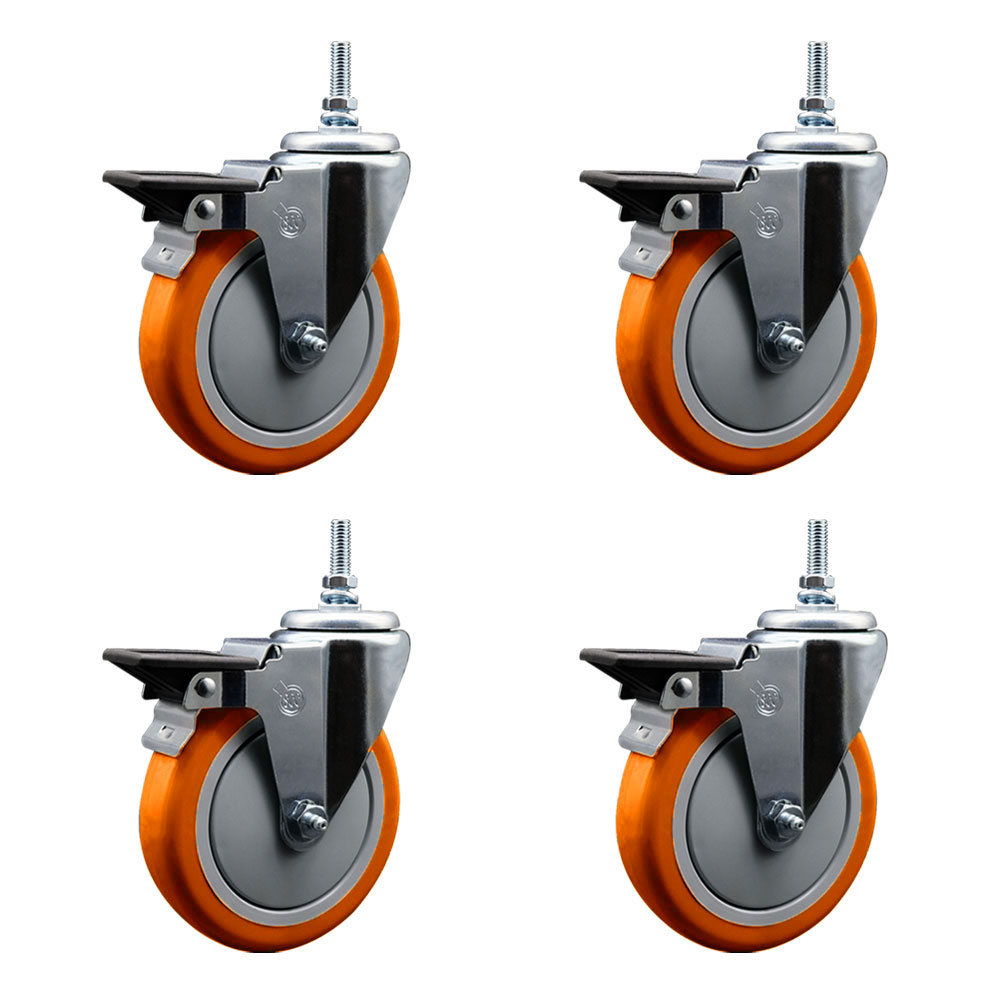 Polyurethane Swivel Threaded Stem Caster Set of 4 w/5" x 1.25" Orange Wheels and 3/8" Stems - Includes 4 with Posi Lock Brakes - 1400 lbs Total Capacity - Service Caster Brand — photo 1