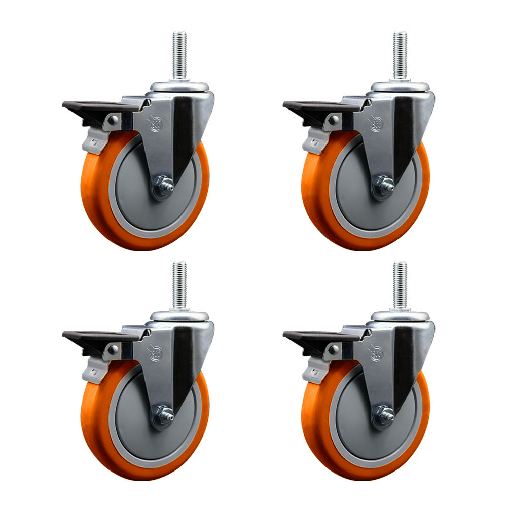 Polyurethane Swivel Threaded Stem Caster Set of 4 w/5" x 1.25" Orange Wheels and 5/8" Stems - Includes 4 with Posi Lock Brakes - 1400 lbs Total Capacity - Service Caster Brand — photo 1