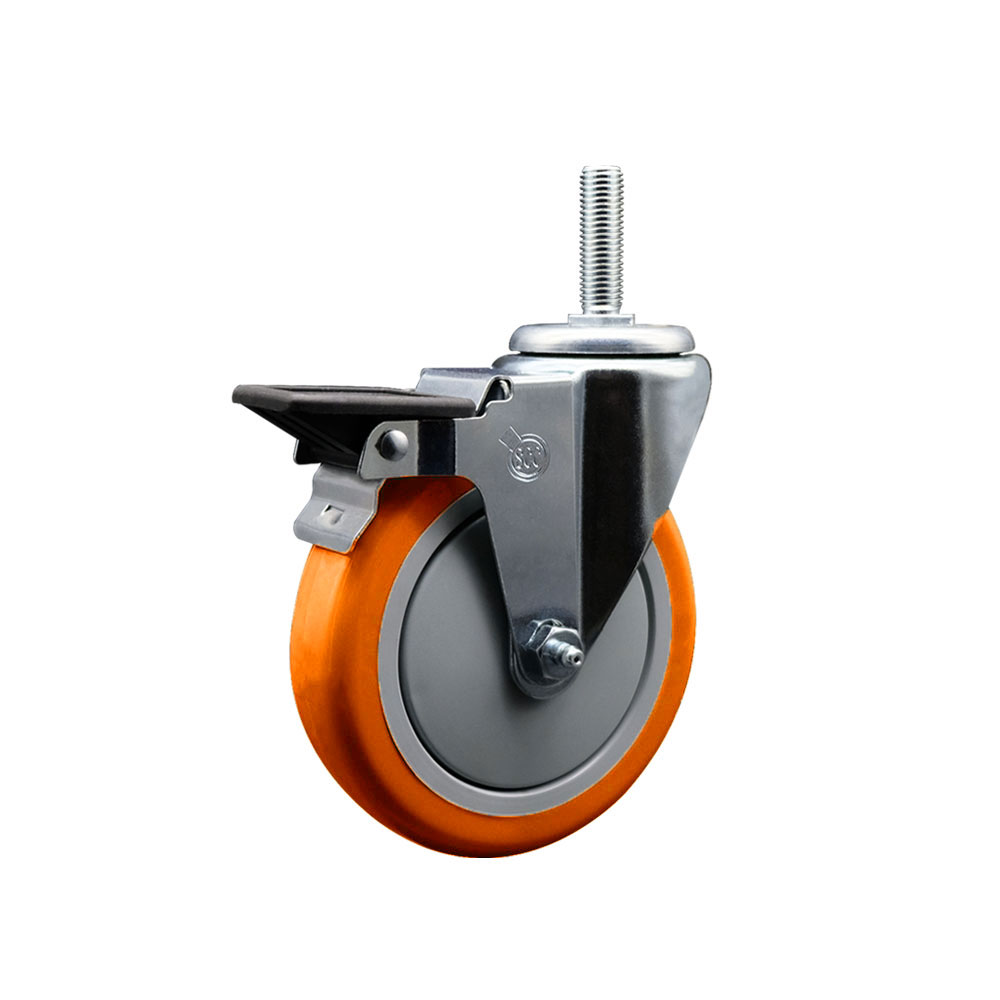 Polyurethane Swivel Threaded Stem Caster w/5" x 1.25" Orange Wheel and 5/8" Stem & Posi Locking Brake - 350 lbs Capacity/Caster - Service Caster Brand — photo 1